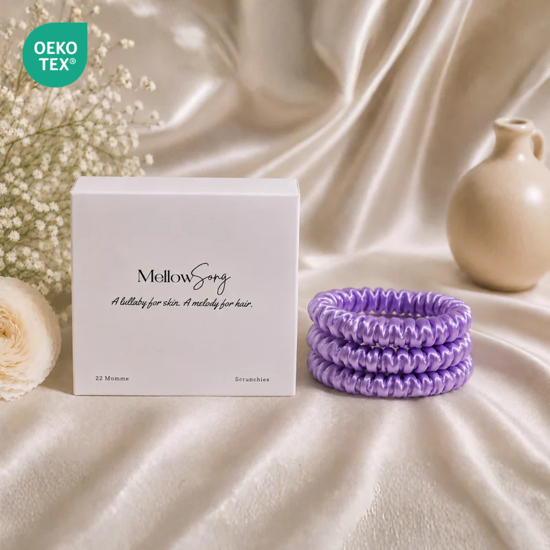 Lilac 22 momme silk scrunchie with luxury gift box packaging