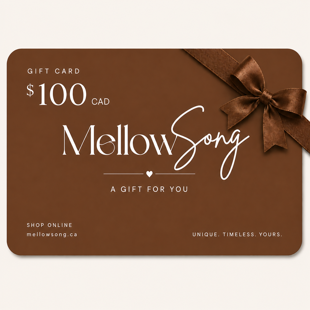 Brown gift card with 'Mellow Song' branding and a bow on a white background