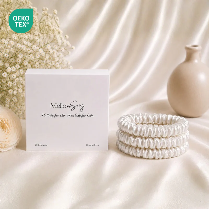 White 22 momme silk scrunchie with luxury gift packaging