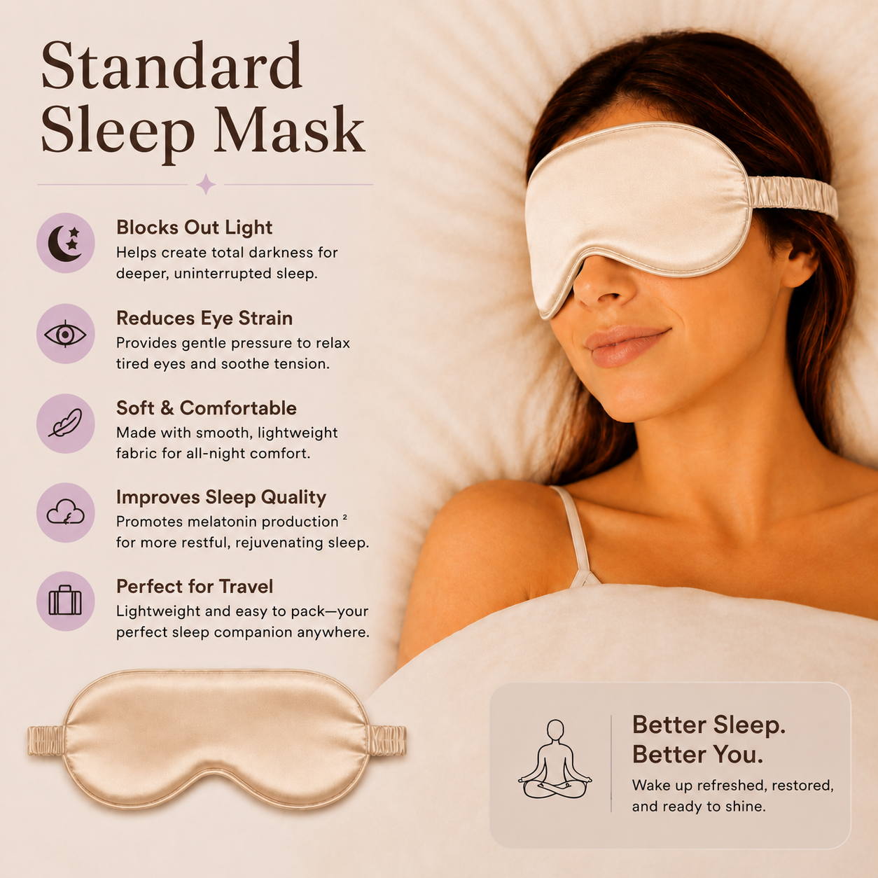Model wearing a luxury champagne gold 22 Momme Grade 6A mulberry silk sleep mask, designed for complete darkness, softness, and restful sleep.