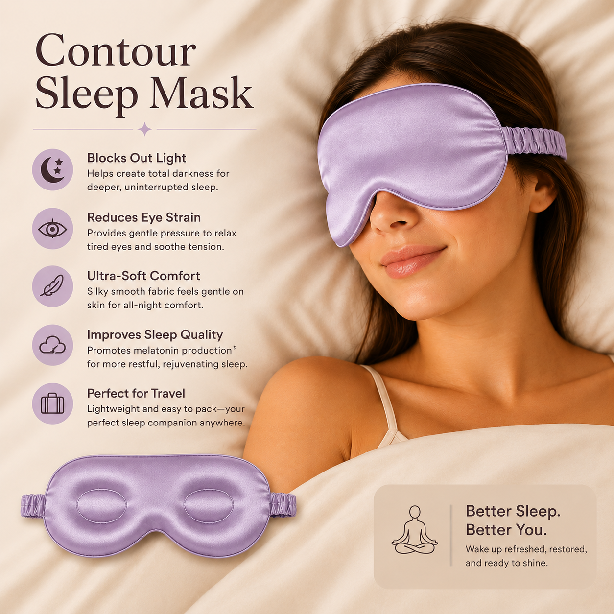 Contour Sleep Mask infographic featuring a woman wearing a lavender silk eye mask. Includes a checklist of product benefits: light blocking, reduces eye strain, ultra-soft comfort, improved sleep quality, and travel-friendly design