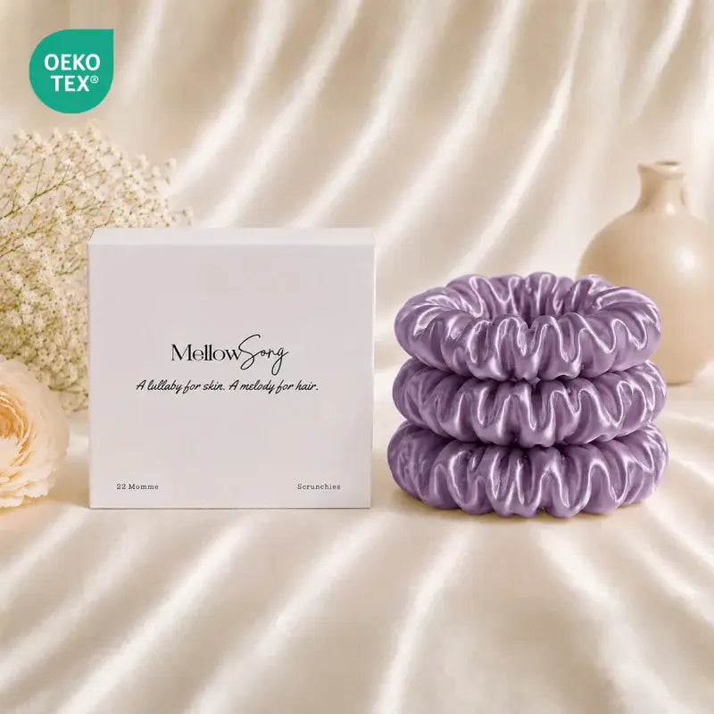 lilac 22 momme silk classic scrunchie with luxury gift box packaging