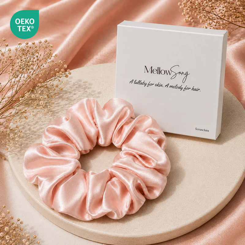 Pink 22 momme silk grand scrunchie with luxury gift box packaging