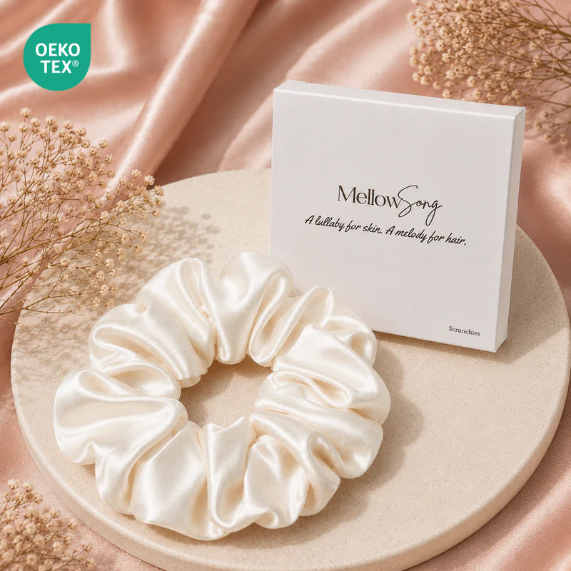 white 22 momme silk grand scrunchie with luxury gift box packaging