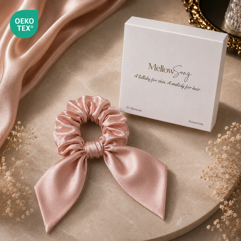 Pink silk midi bow scrunchie with luxury gift box packaging