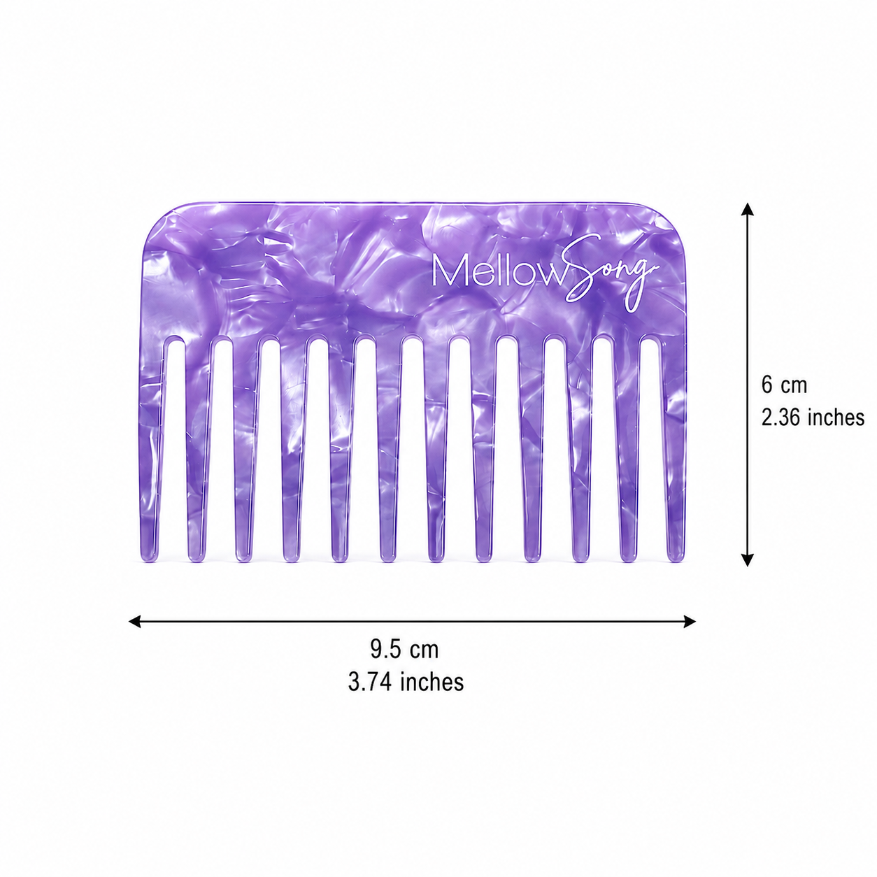 Purple marble Signature hair comb with measurement dimensions of 9.5 cm by 6 cm
