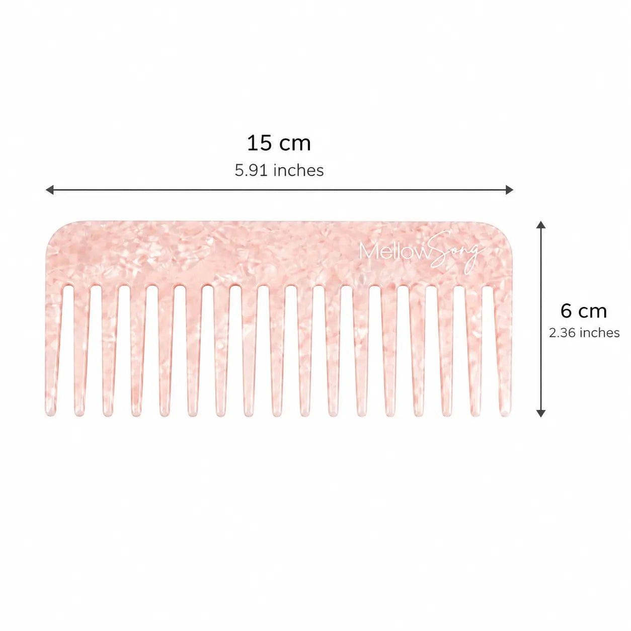 Signature Comb in rose acetate with dimensions shown, measuring approximately 15 cm wide and 6 cm high.