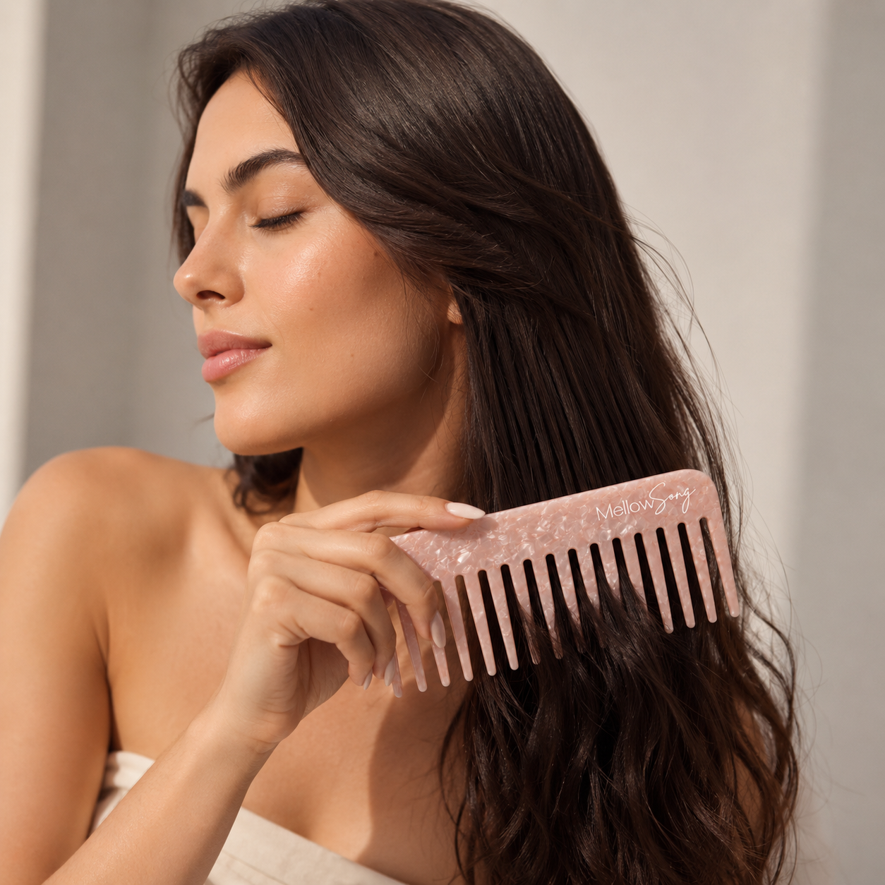 Woman combing her hair with a pink comb against a neutral background