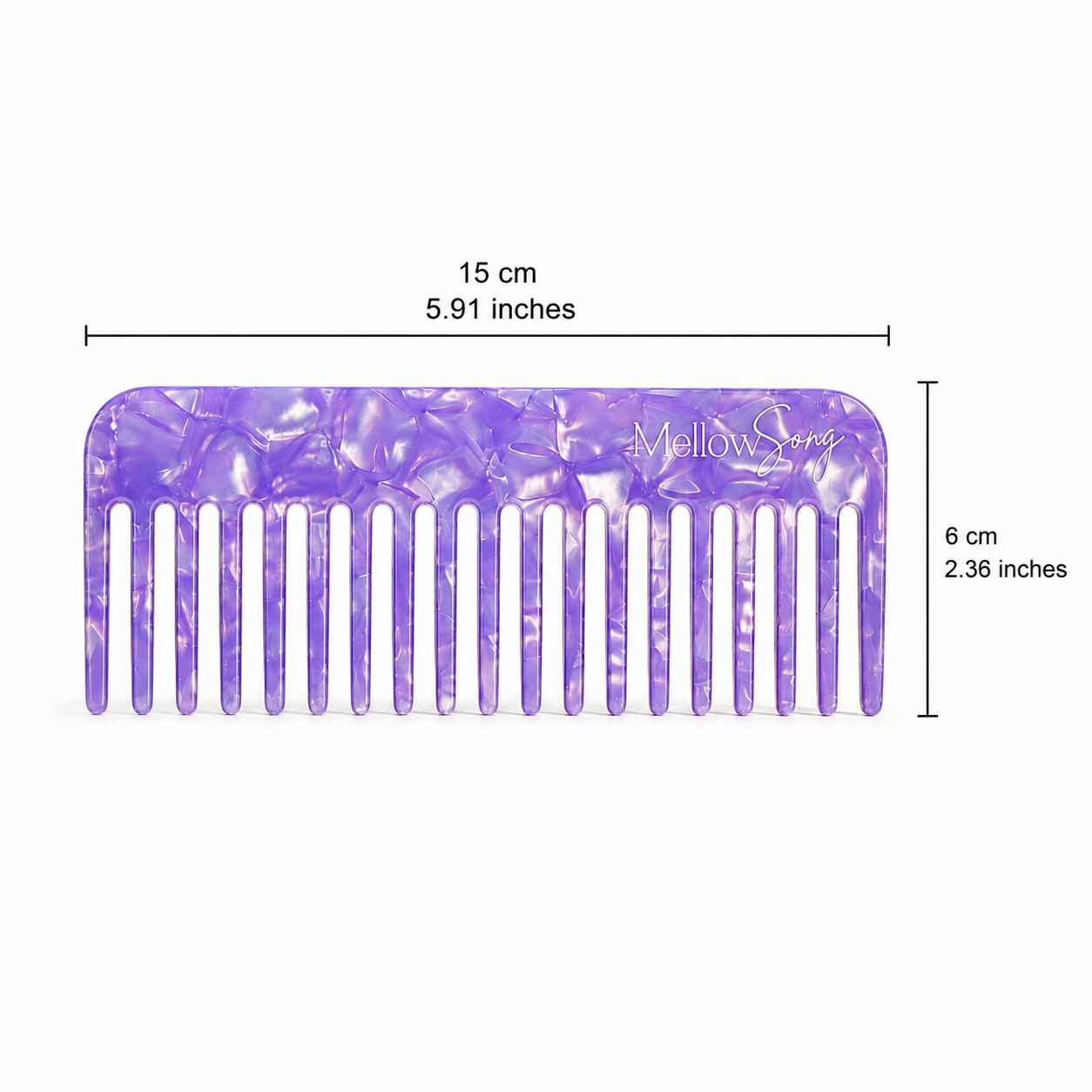 Purple marble Signature hair comb with measurement dimensions of 15 cm by 6 cm