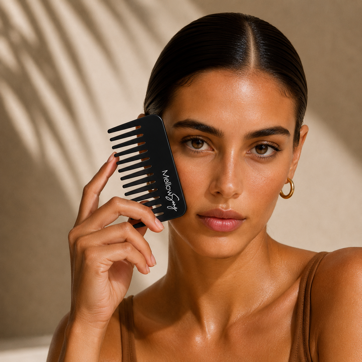 Woman holding a black comb with 'Nanogen' branding against a beige background