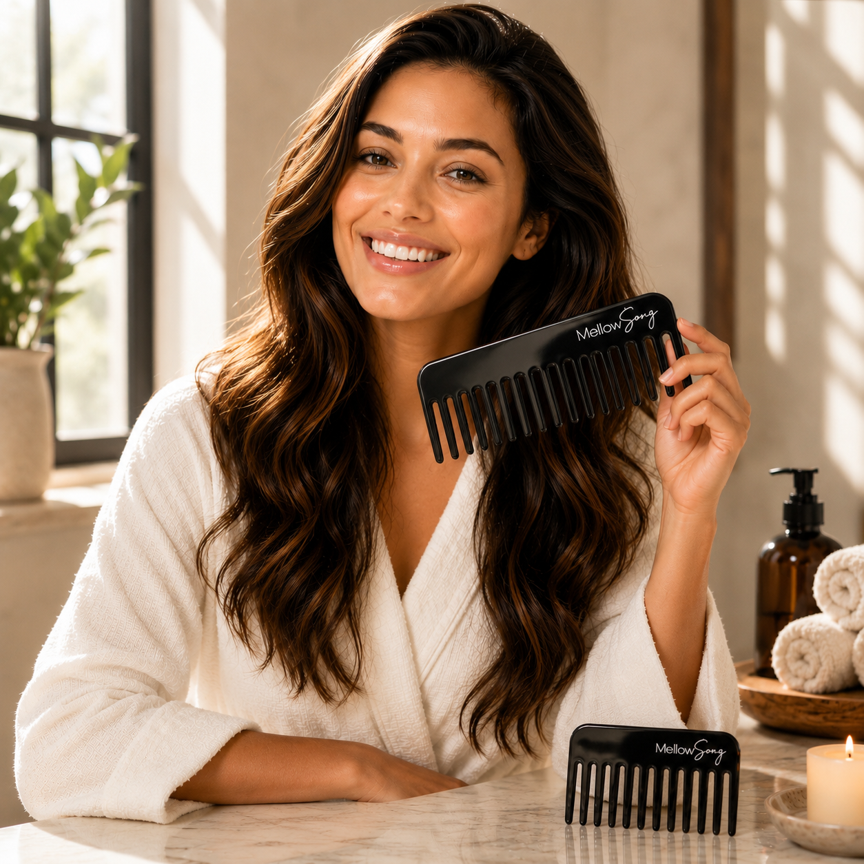 A woman using The Duo hair comb set in Midnight, featuring premium black acetate combs designed for comfortable styling and travel.