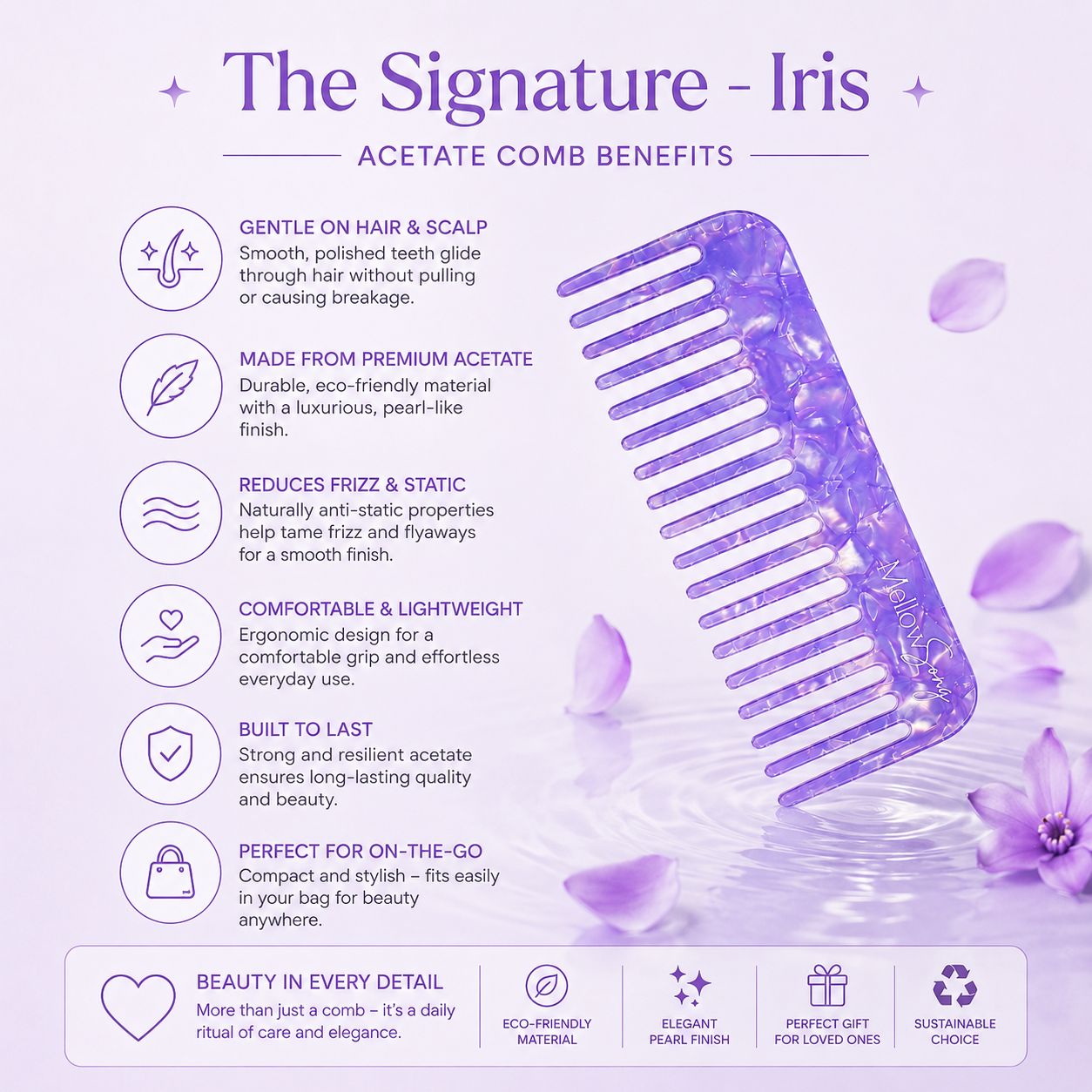 Purple comb with benefits listed on a light purple background