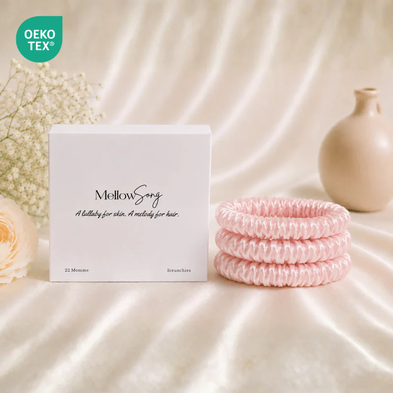Pink 22 momme silk scrunchie with luxury gift packaging