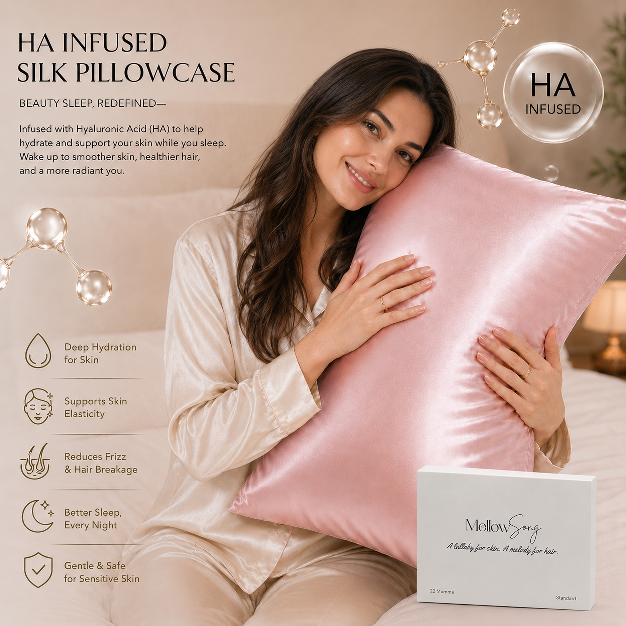 Woman holding a pink silk pillowcase with Mellow Song packaging, featuring HA-infused benefits.