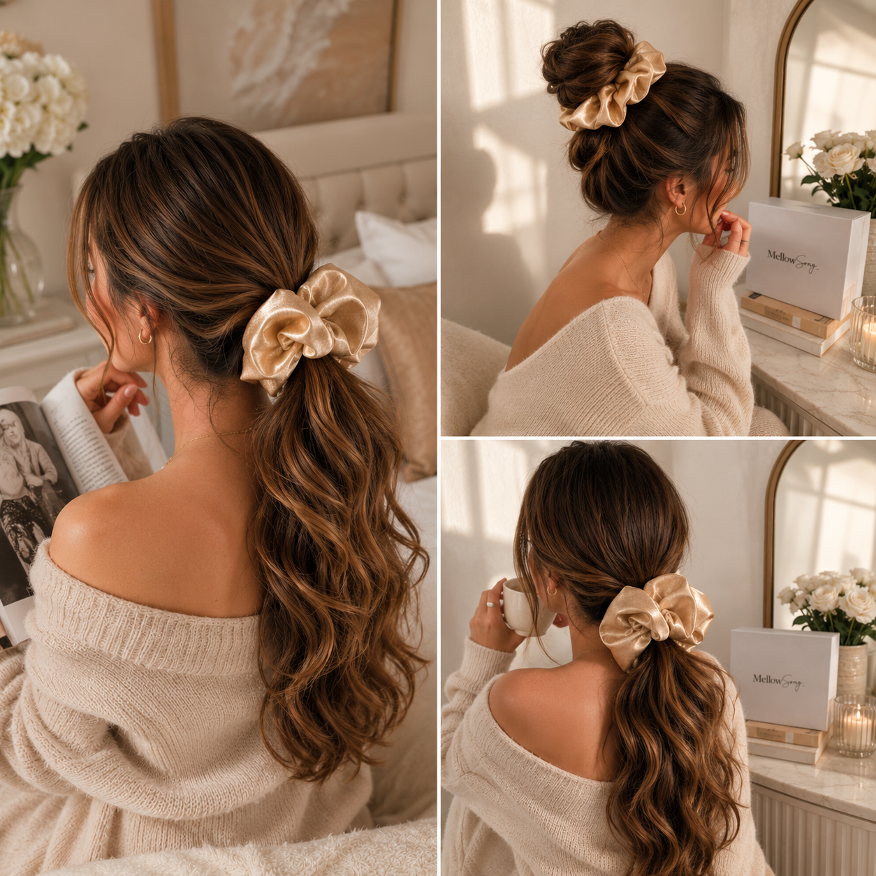 Different hairstyles styled with a luxury silk grand beige scrunchie