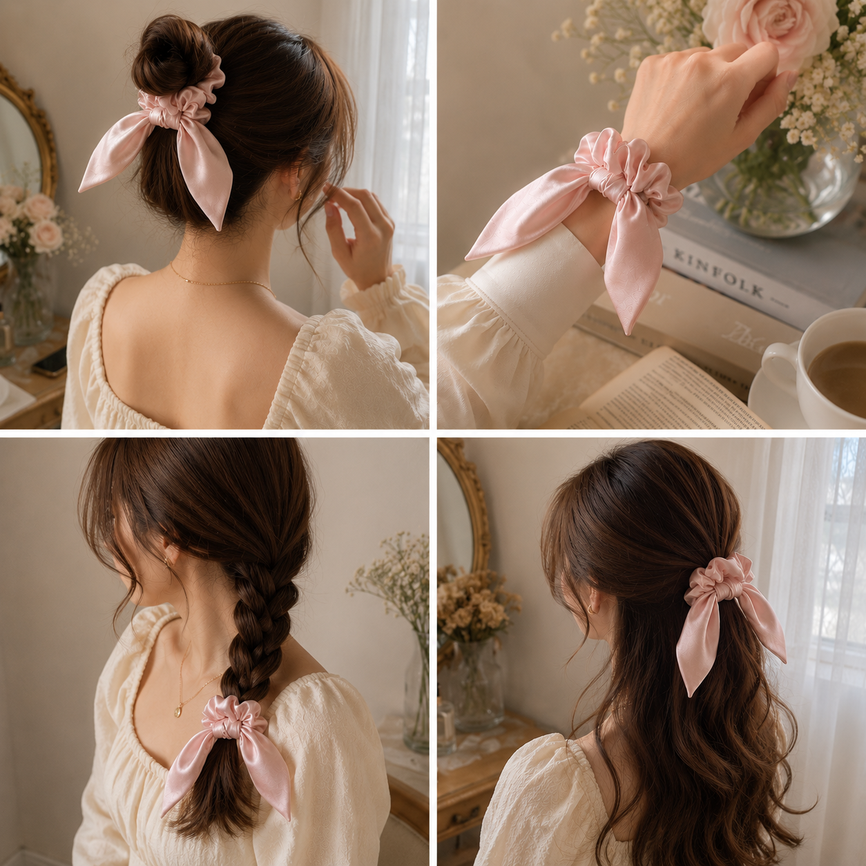 Multiple hairstyles featuring a luxury pink silk midi bow scrunchie