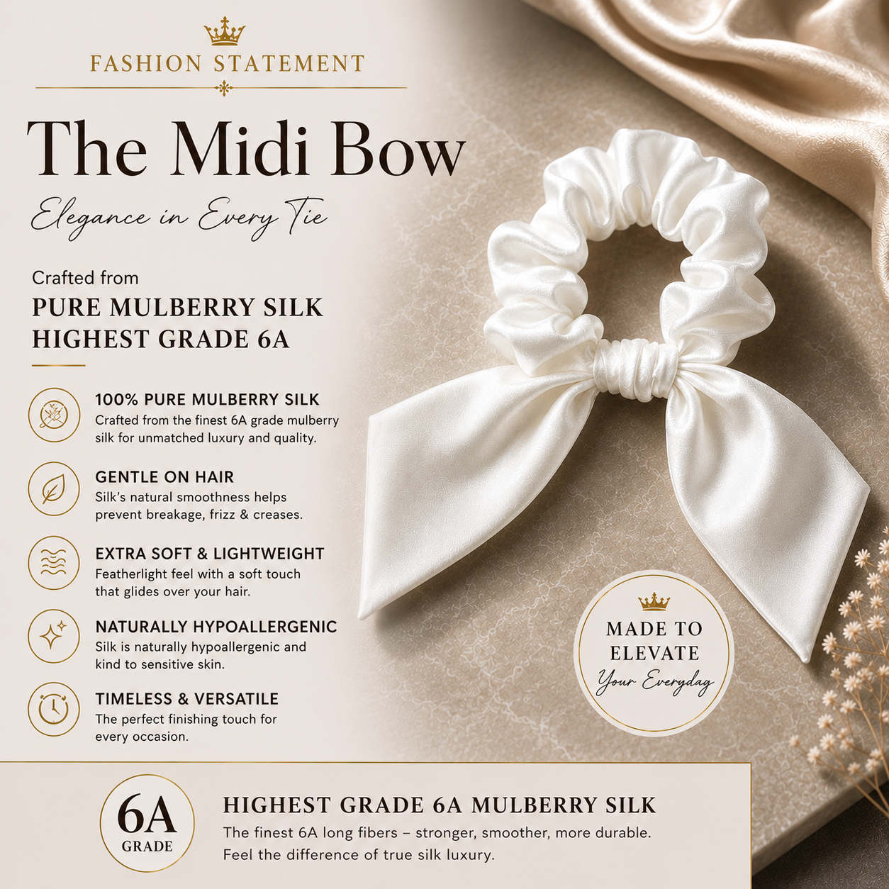 white silk midi bow scrunchie product features and care information