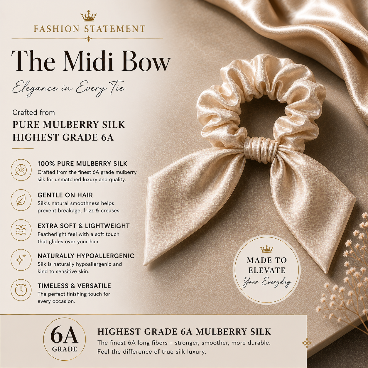 Beige silk midi bow scrunchie product features and care information