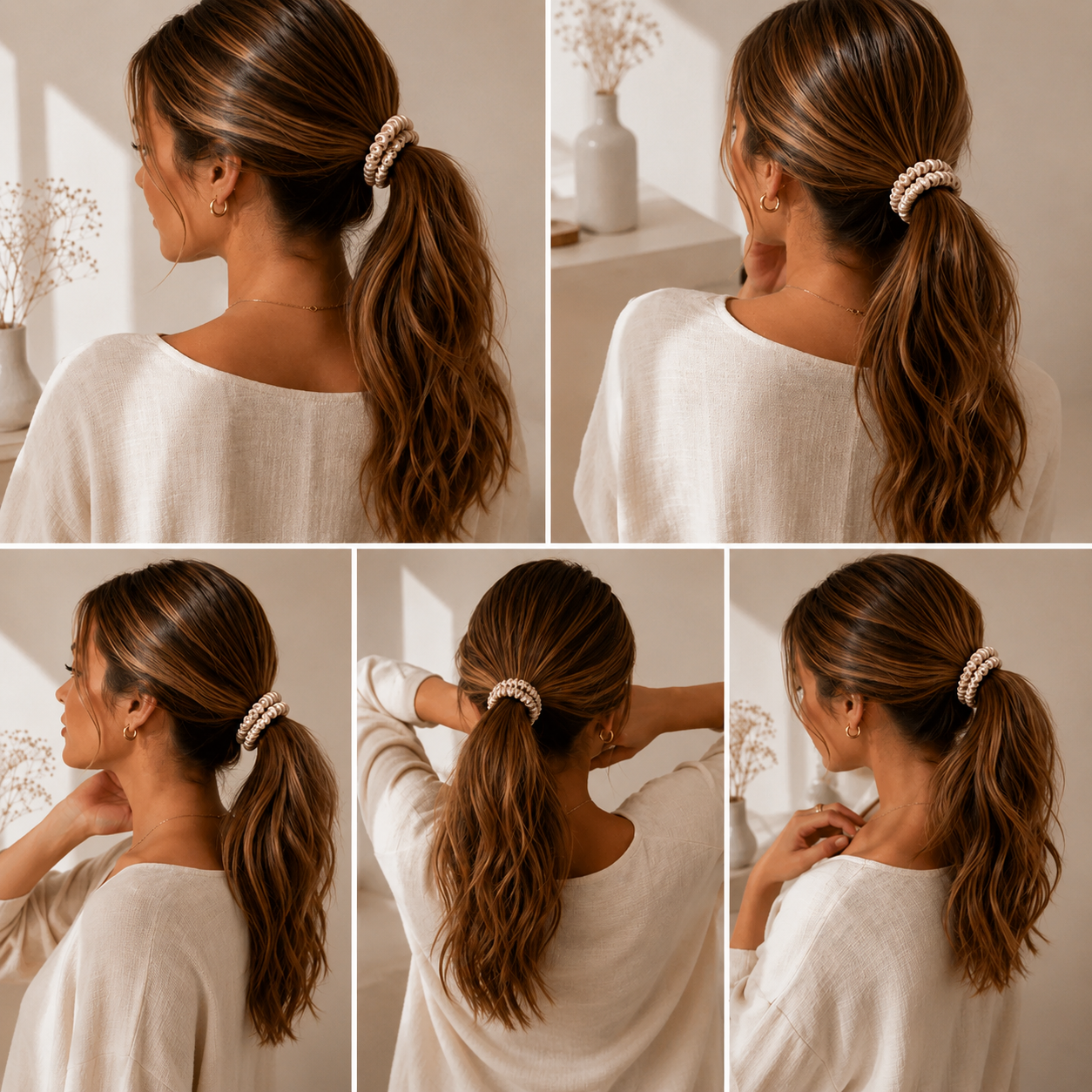 Different hairstyles styled with a luxury silk scrunchie