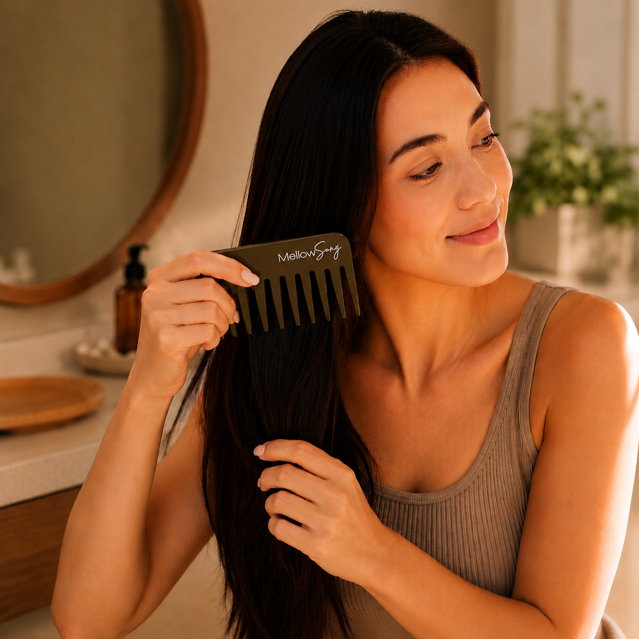 Woman brushing her hair with a black comb in a bathroom setting
