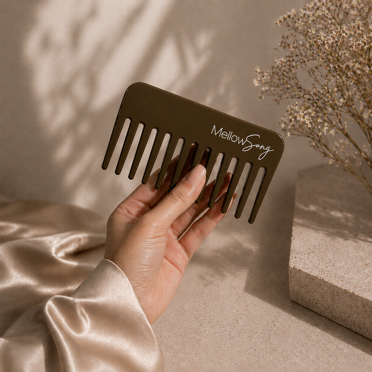 Hand holding a brown comb with 'Mellow Song' branding against a neutral background
