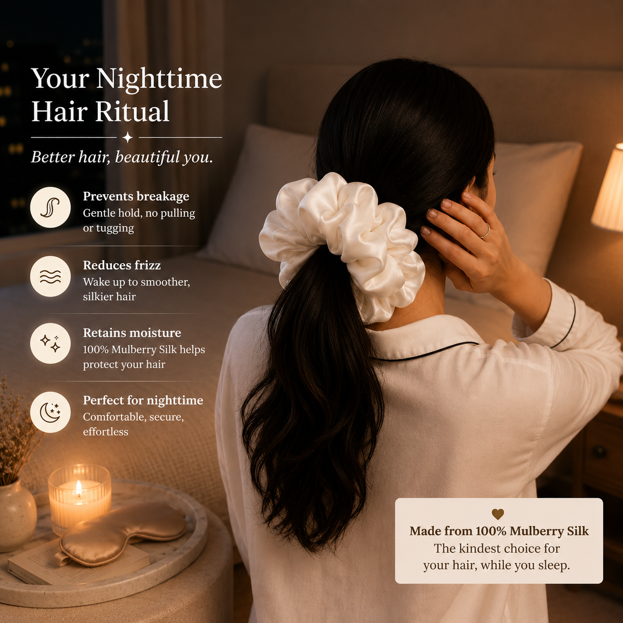22 momme silk grand white scrunchie features and product information