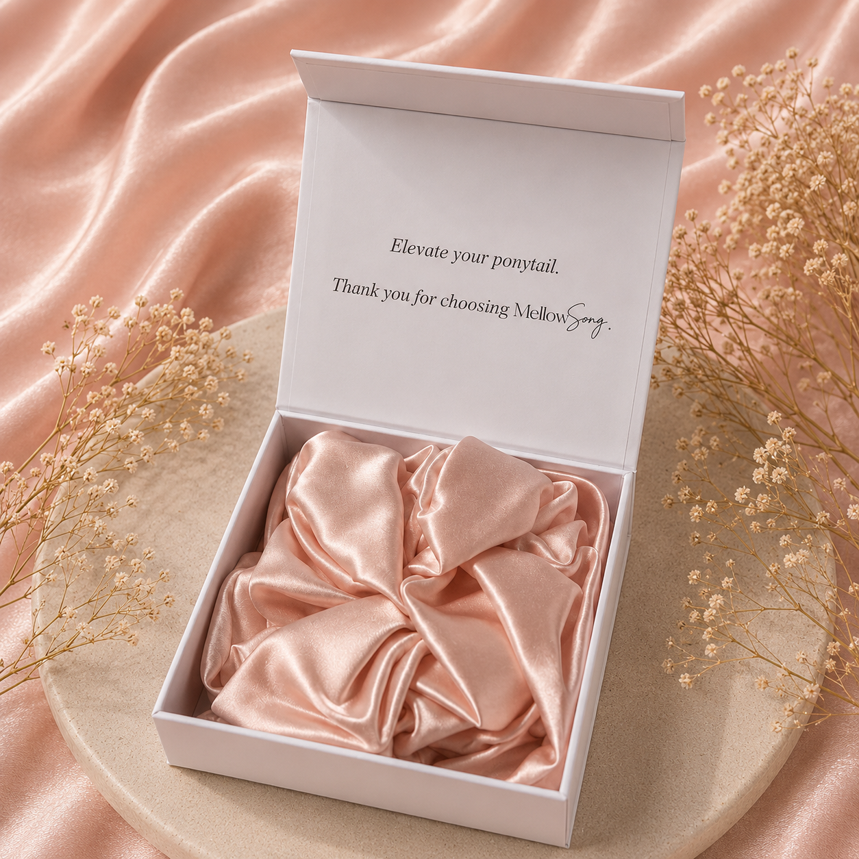 Pink 22 momme silk grand scrunchie in luxury gift box packaging