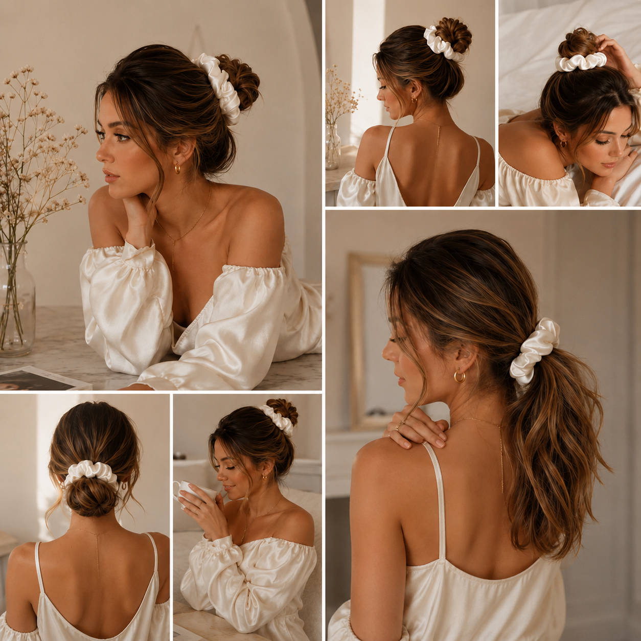 Different hairstyles styled with a luxury silk classic white scrunchie