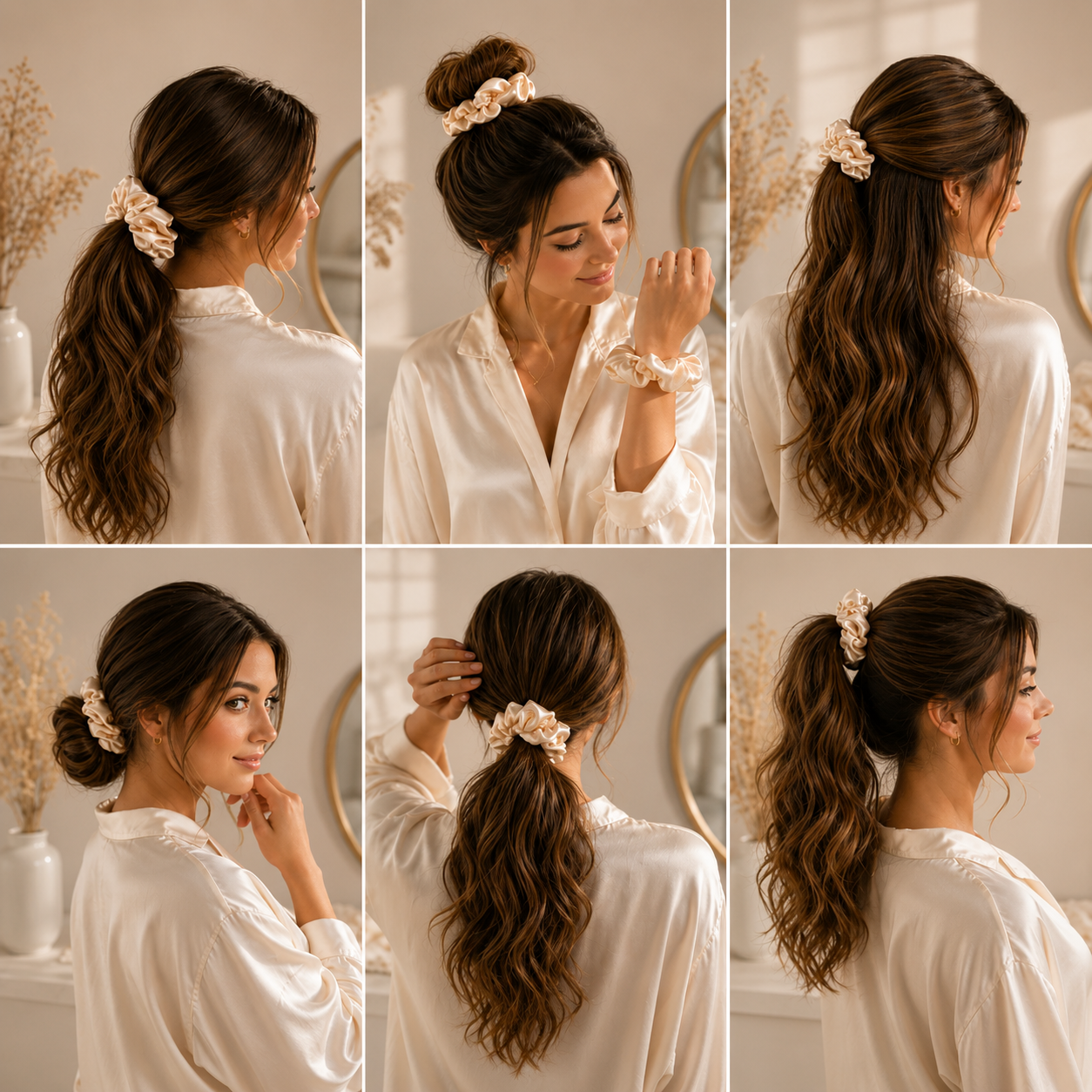 Different hairstyles styled with a luxury silk classic beige scrunchie