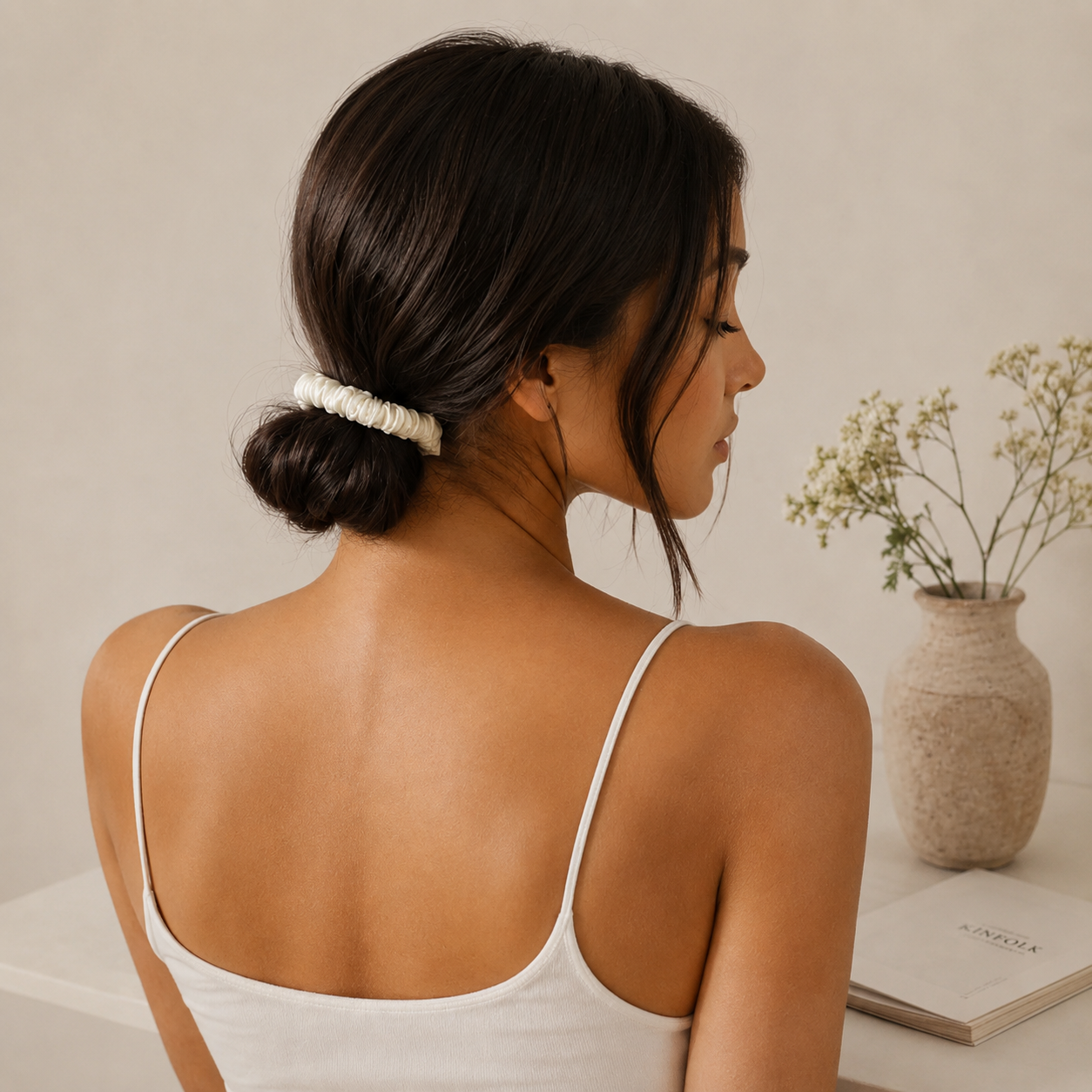 Woman showcasing a champagne silk white scrunchie hair accessory