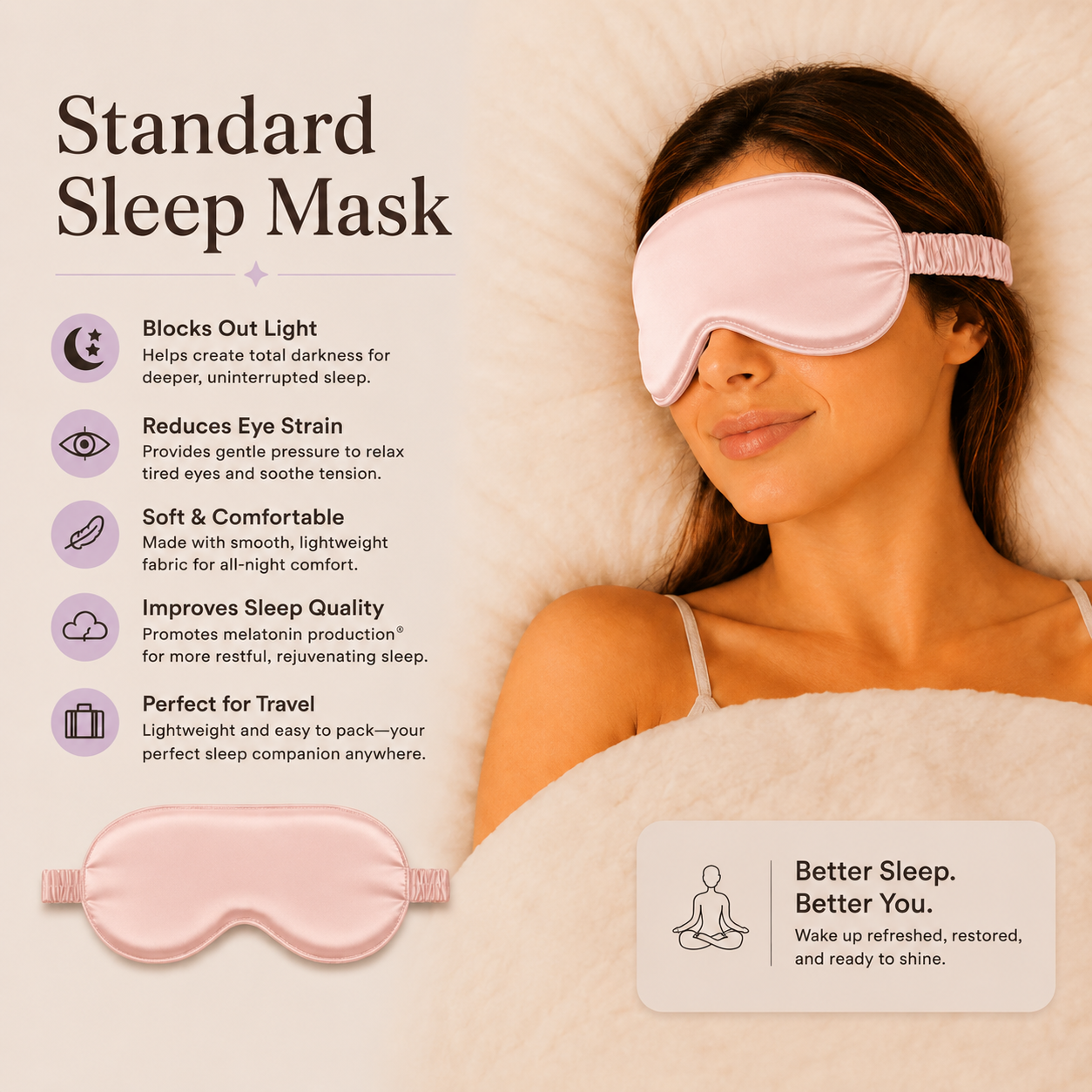 Luxury blush pink 22 Momme mulberry silk sleep mask worn by a model, featuring a lightweight design for better sleep, eye comfort, and effective light blocking.