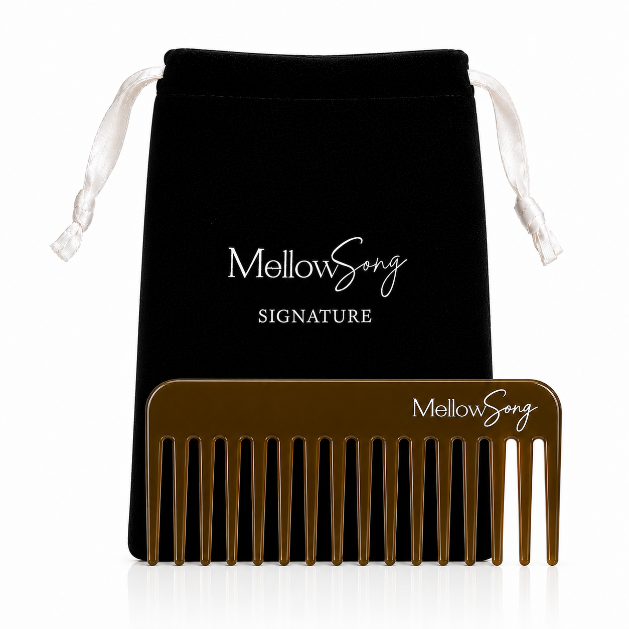 Brown comb with 'Mellow Song' branding on a black drawstring bag