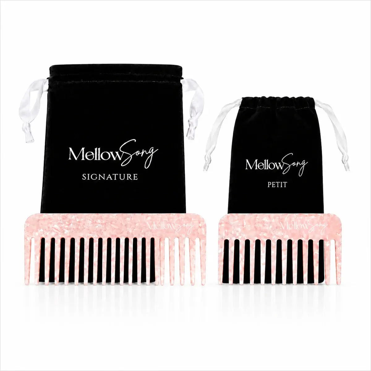 Mellowsong The Rose Duo Comb Set featuring a full-size Signature Comb in rose acetate with black velvet storage pouches.