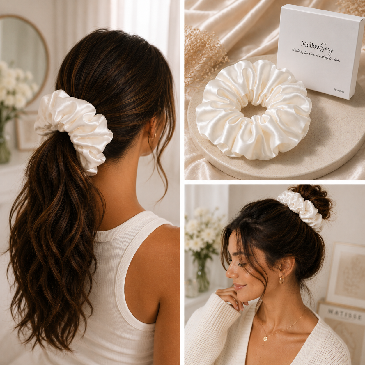 Different hairstyles styled with a luxury silk grand white scrunchie and a scrunchie with a luxury box packaging
