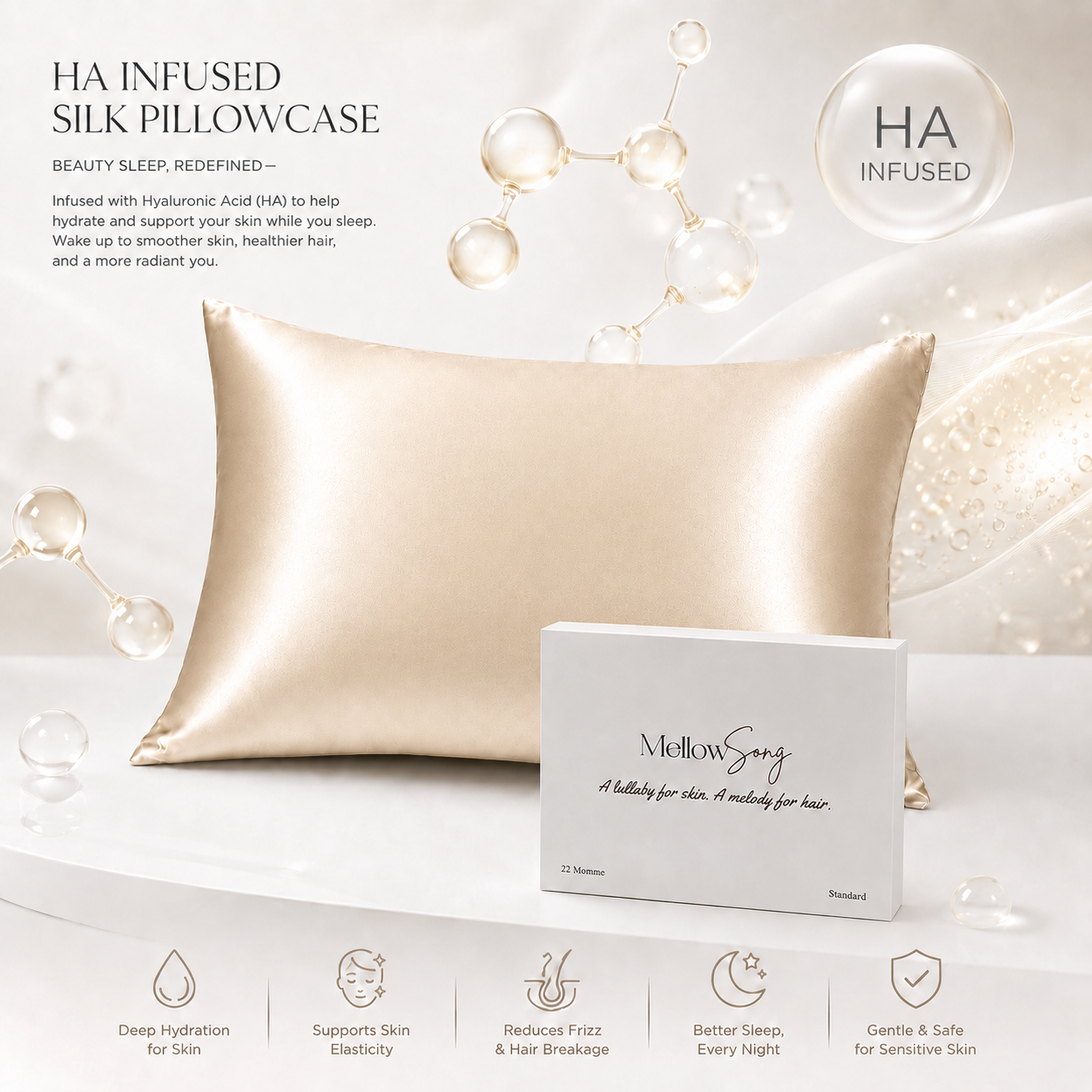 Silk pillowcase and packaging with HA (Hyaluronic Acid) text on a white background