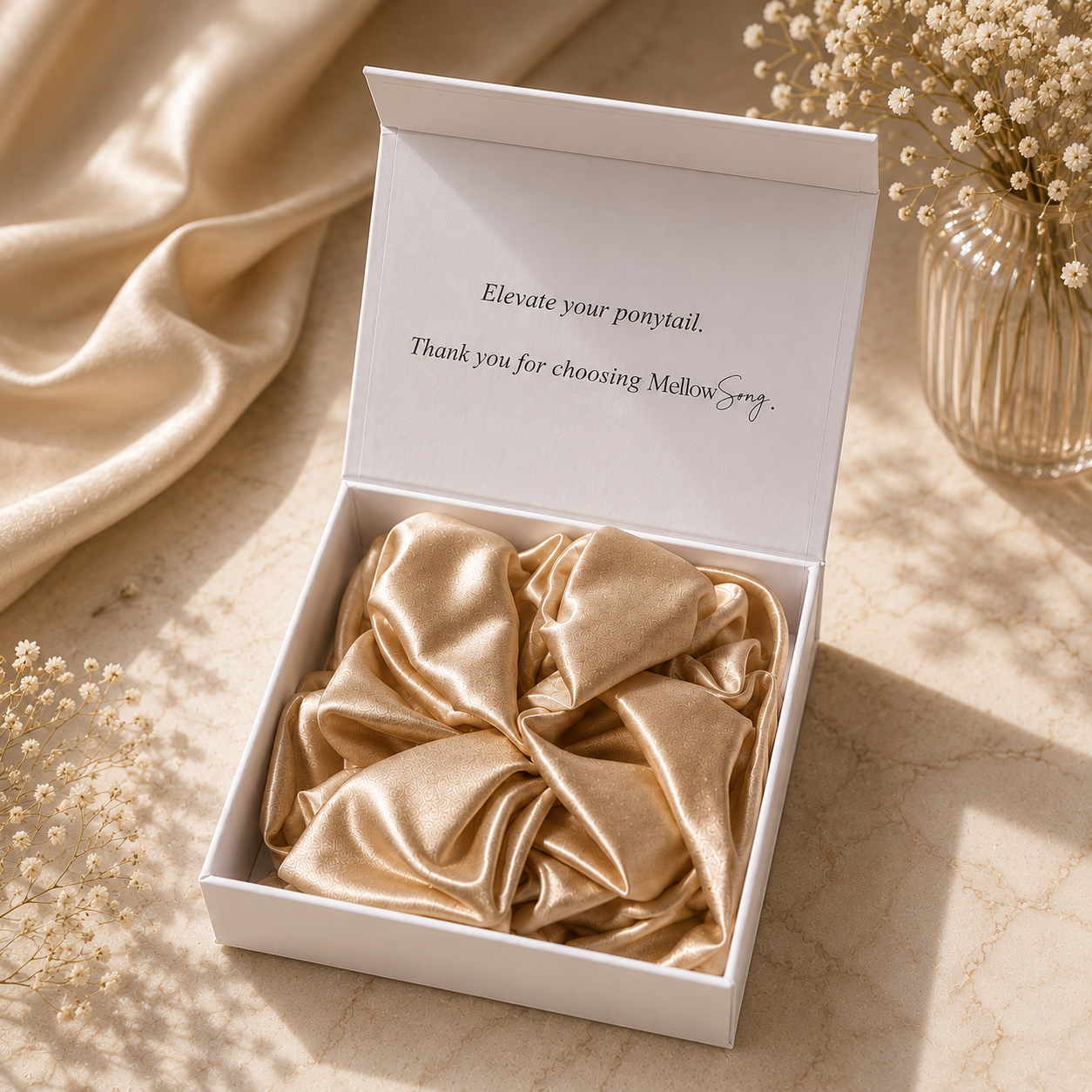 beige 22 momme silk grand scrunchie in luxury gift packaging