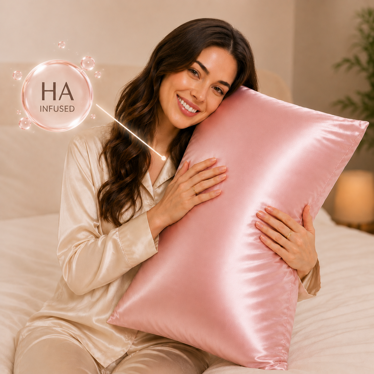 Woman holding a pink satin pillow with HA Infused label, sitting on a bed.