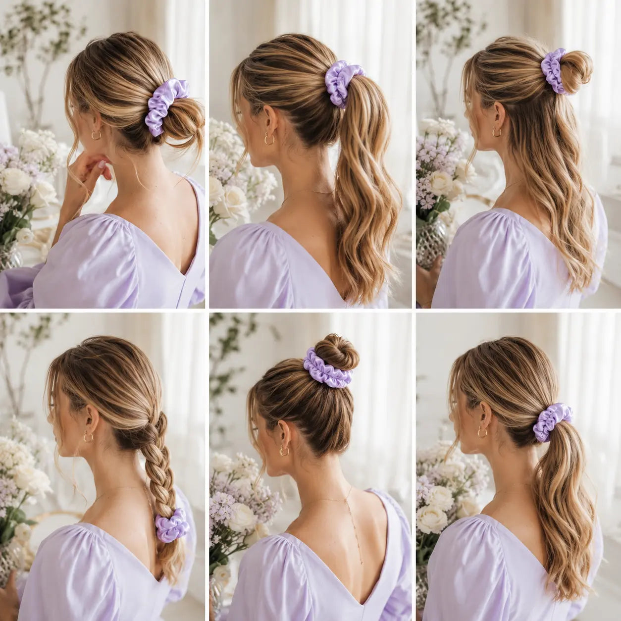 Different hairstyles styled with a luxury silk classic lilac scrunchie