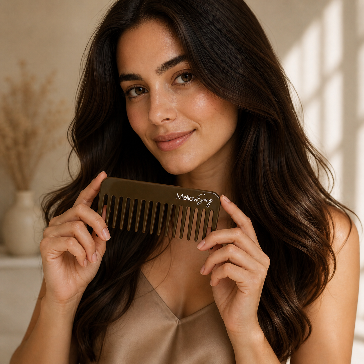 Woman holding a Mallow Soap comb with a neutral background