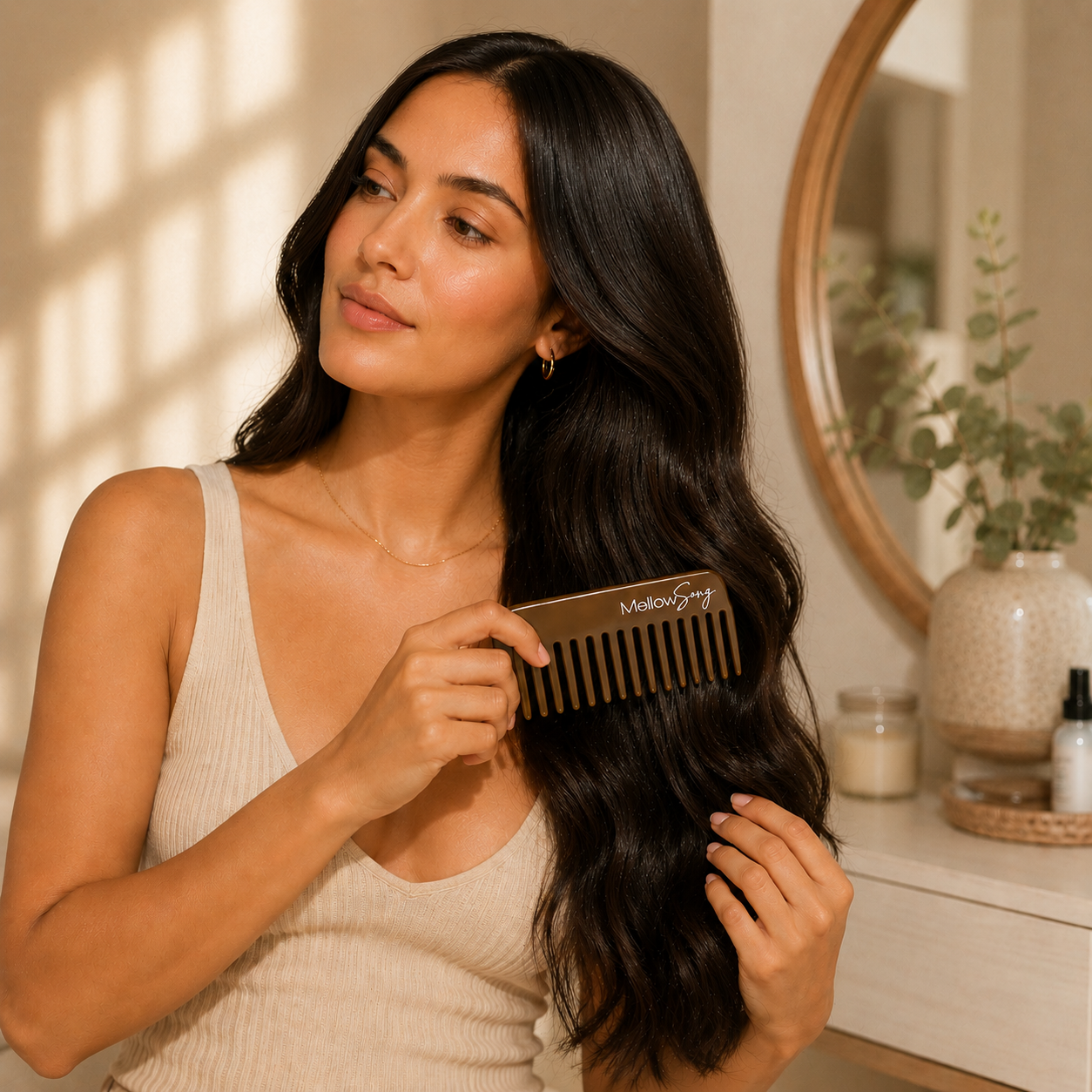 Woman combing her hair with a Malouf & Co comb in a well-lit room.