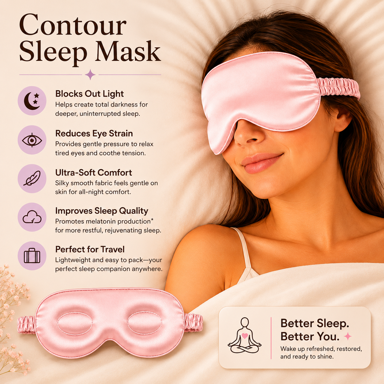 Contour Sleep Mask infographic featuring a woman wearing a blush pink silk eye mask in bed. Includes a checklist of product benefits: light blocking, reduces eye strain, ultra-soft comfort, improved sleep quality, and travel-friendly design.
