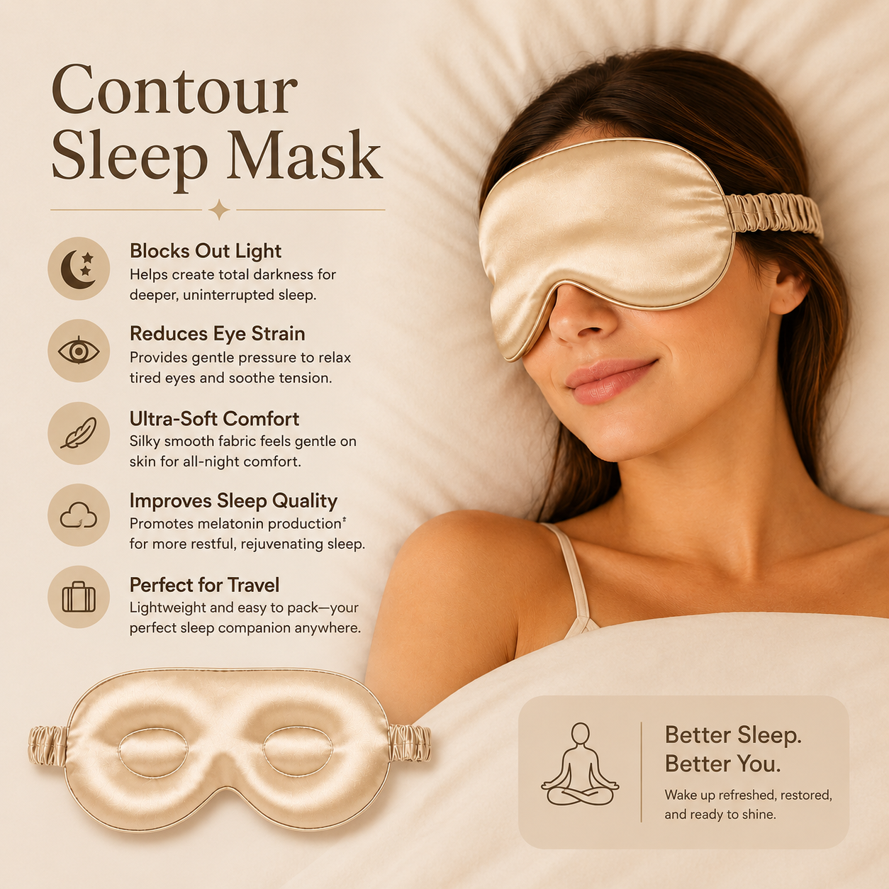 Contour Sleep Mask infographic featuring a woman wearing a champagne gold silk eye mask in bed. Includes a list of product benefits: light blocking, reduces eye strain, ultra-soft comfort, improved sleep quality, and travel-friendly design.