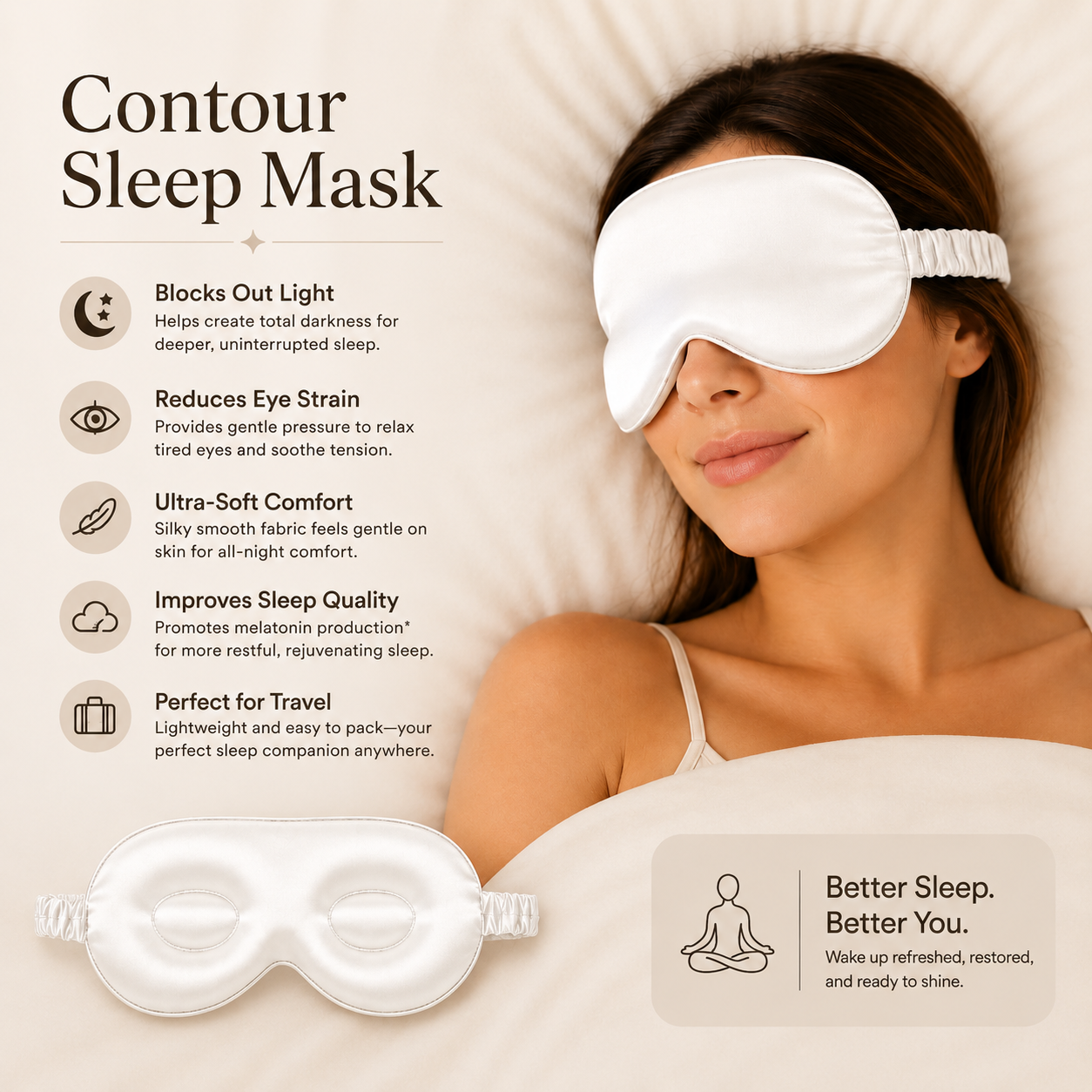 Contour Sleep Mask infographic showing a woman wearing a white silk eye mask in bed. Includes a checklist of benefits: light blocking, reduces eye strain, ultra-soft comfort, improved sleep quality, and travel-friendly design.