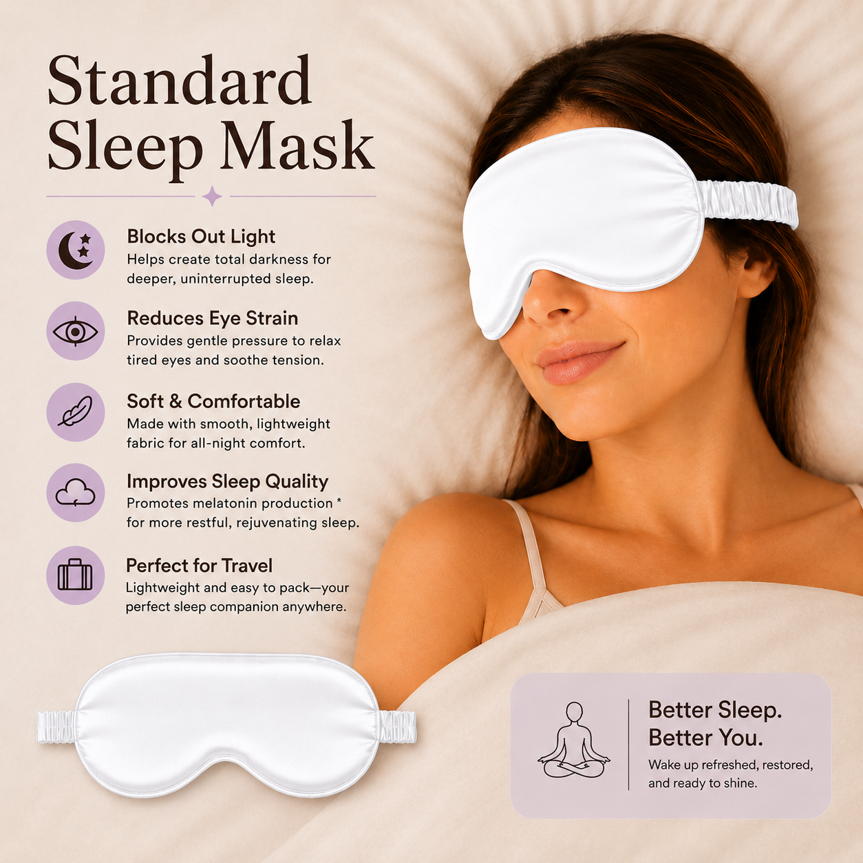 Standard Sleep Mask infographic showing a woman wearing a white satin eye mask in bed. Includes a list of product features: light blocking, reduces eye strain, soft and comfortable fabric, improves sleep quality, and travel-friendly.