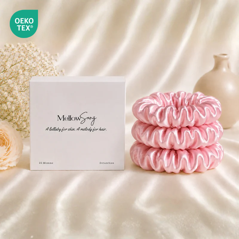 Pink 22 momme classic scrunchie with luxury gift box packaging
