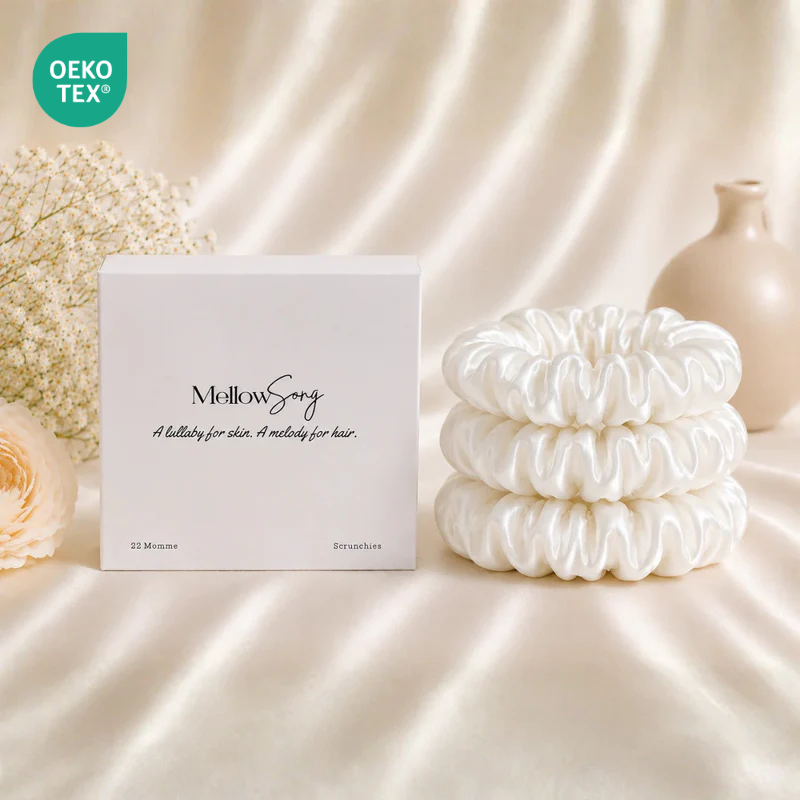 white 22 momme silk classic scrunchie with luxury gift box packaging