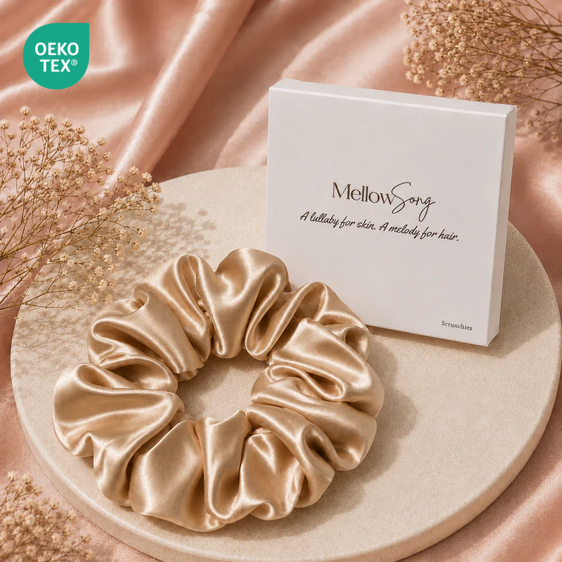 beige 22 momme silk grand scrunchie with luxury gift box packaging