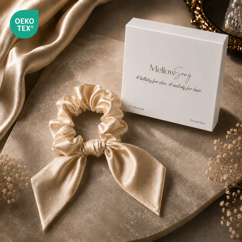 Beige silk midi bow scrunchie with luxury gift box packaging