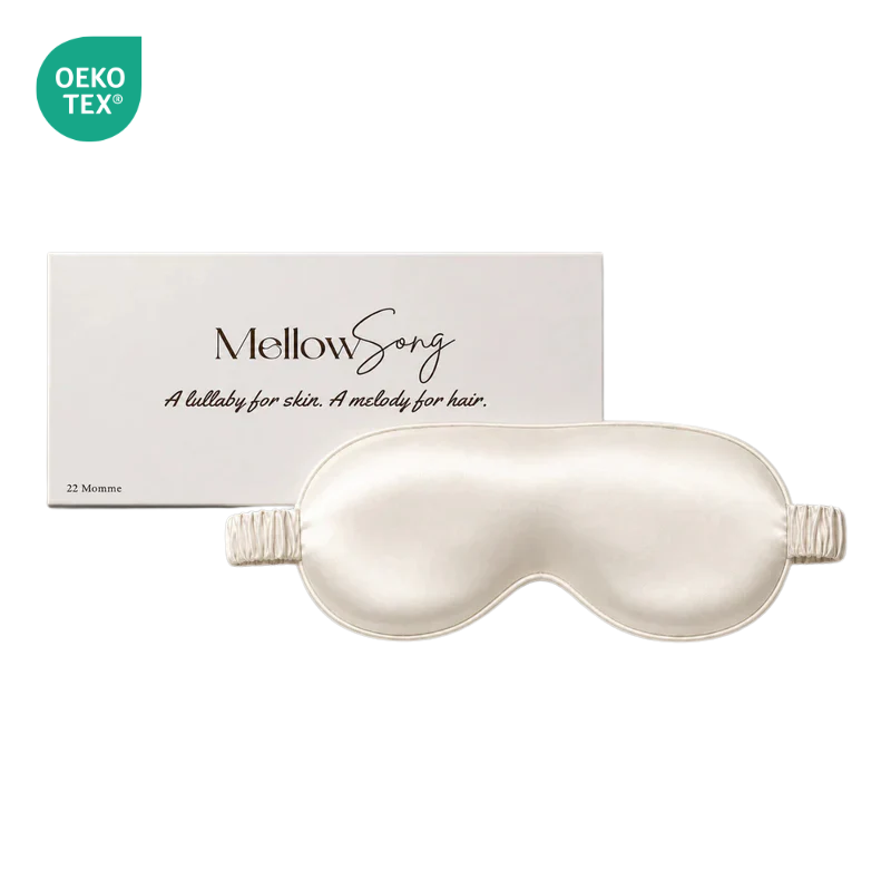 MellowSong luxury mulberry silk sleep mask made from 22 Momme Grade 6A silk, designed for comfortable light blocking and restful sleep.