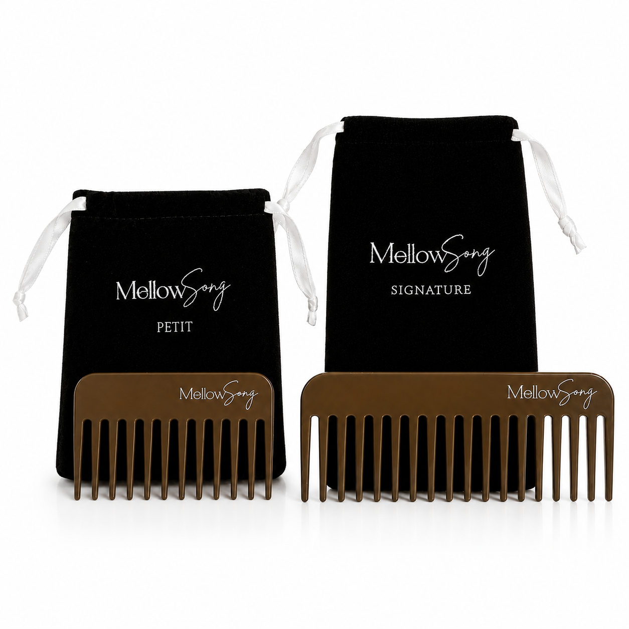 The Duo – Espresso hair comb set,  both in an espresso brown finish, with branded black velvet travel bags.